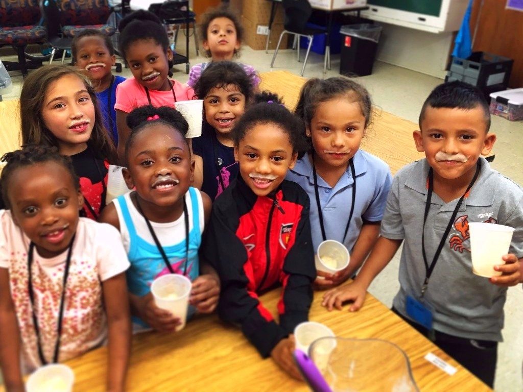 Kindergarteners from Pecan Springs Elementary enjoy a Brighter Bites cooking and nutrition education lesson making Banana Ice Cream at the Andy Roddick Foundation’s Summer Learning program. 